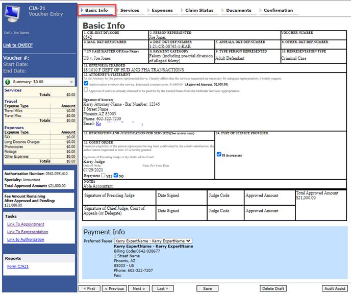 CJA 21 Basic Info tab