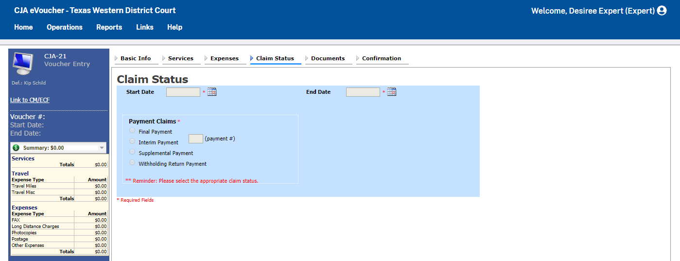 Expert CJA 21 Claim Status Tab