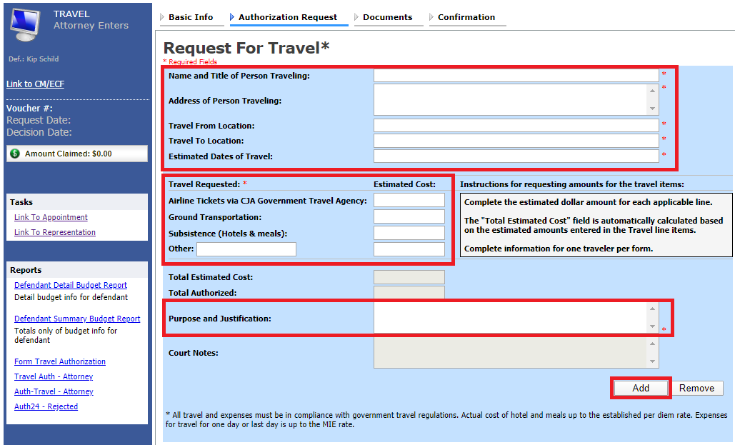 Travel Auth - Authorization Request tab